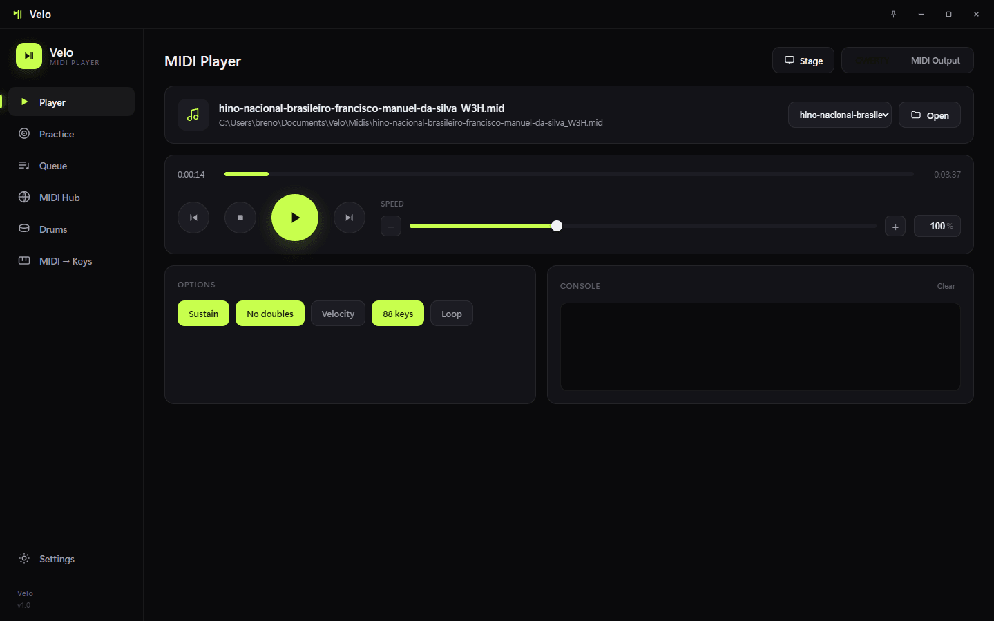 Velo's MIDI Player view