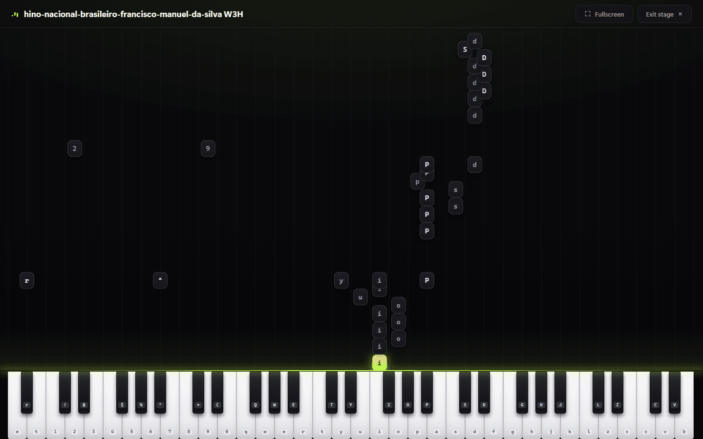 Velo's Stage view — notes falling onto a piano keyboard